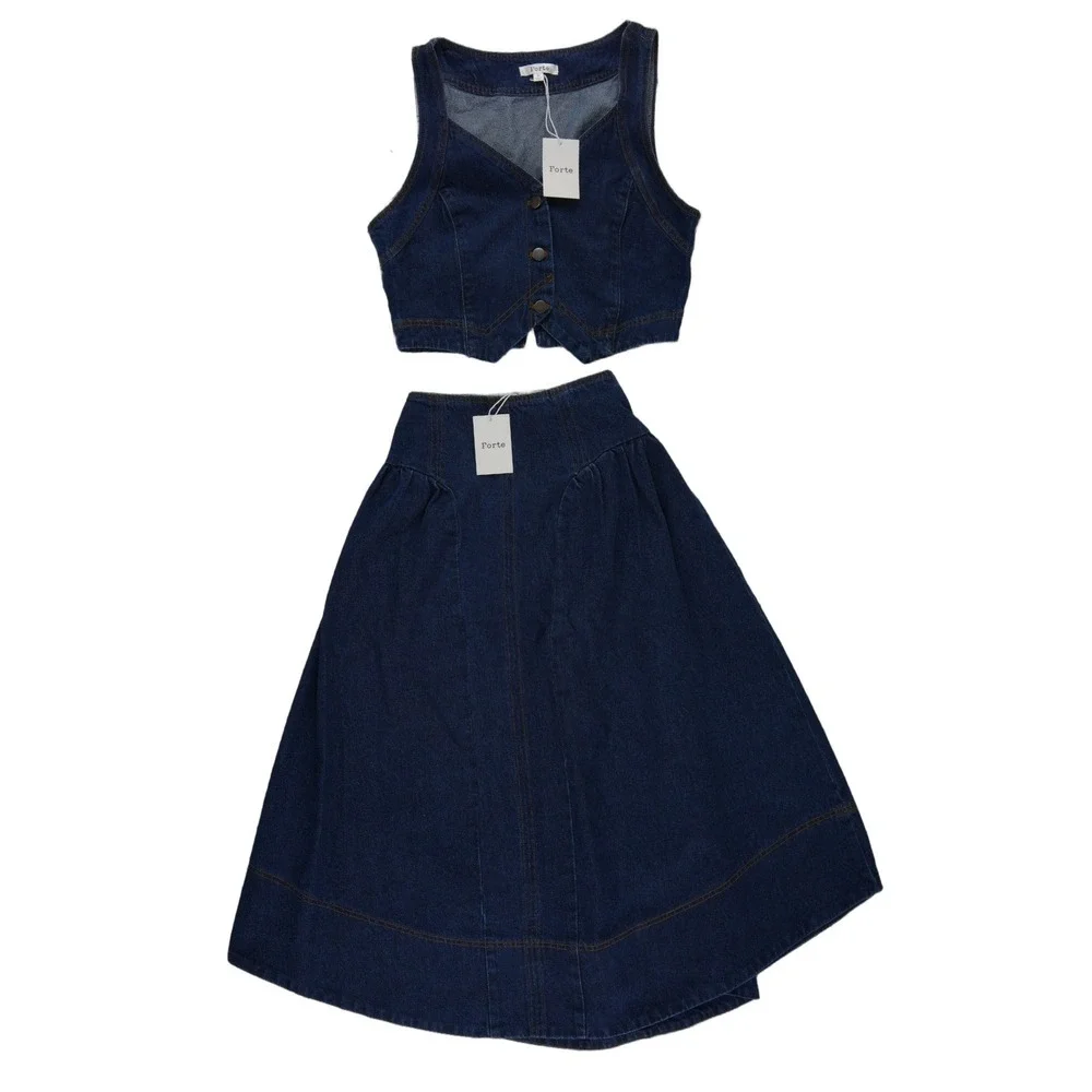NEW Forte Denim Jean Skirt Vest Top Set Womens Size Medium Blue 100% Cotton Midi